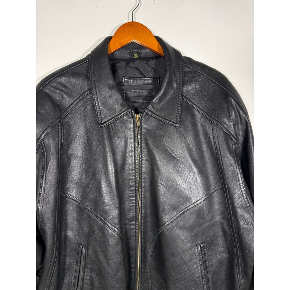 Vintage Black Genuine Leather Bomber Jacket Mens Large Zip Up Casual Clean